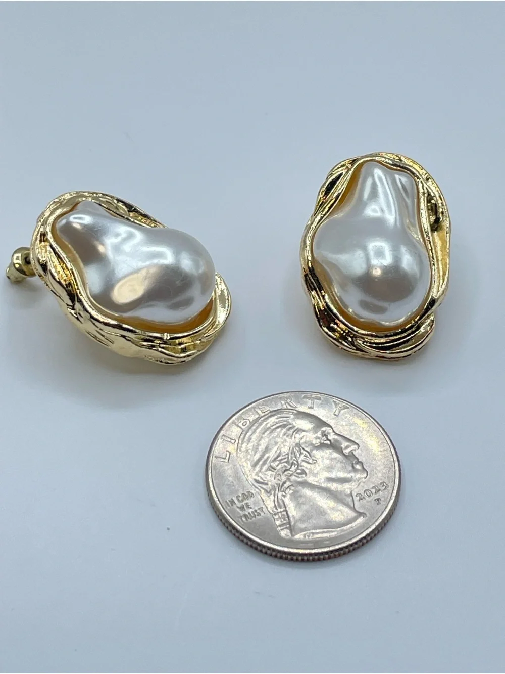 Gold Faux Baroque Pearl Stud Earrings Coastal Chic Statement Bold